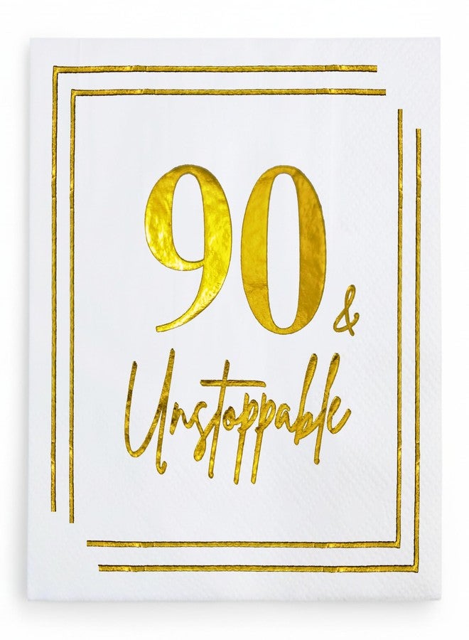 Cloverjoyed 90th Birthday Cocktail Napkins, Gold 90 Years Old Bday Party Decorations, "90 & Unstoppable" Disposable Paper Napkin Decor for Men & Women, Milestone Celebration Fabulous Gift Ideas, 50 Pack - Image 1